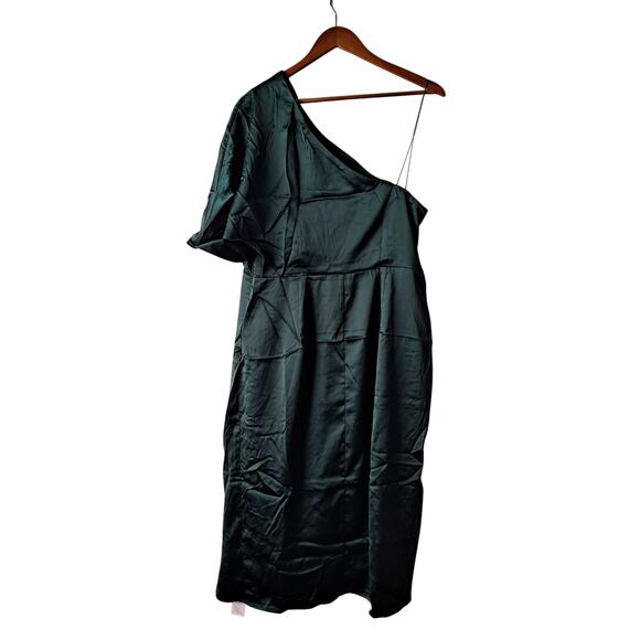 NWT Cupshe Ramla Dress Satin Pleated One Shoulder Sheath Midi Gown Green Size XL - Picture 3 of 13